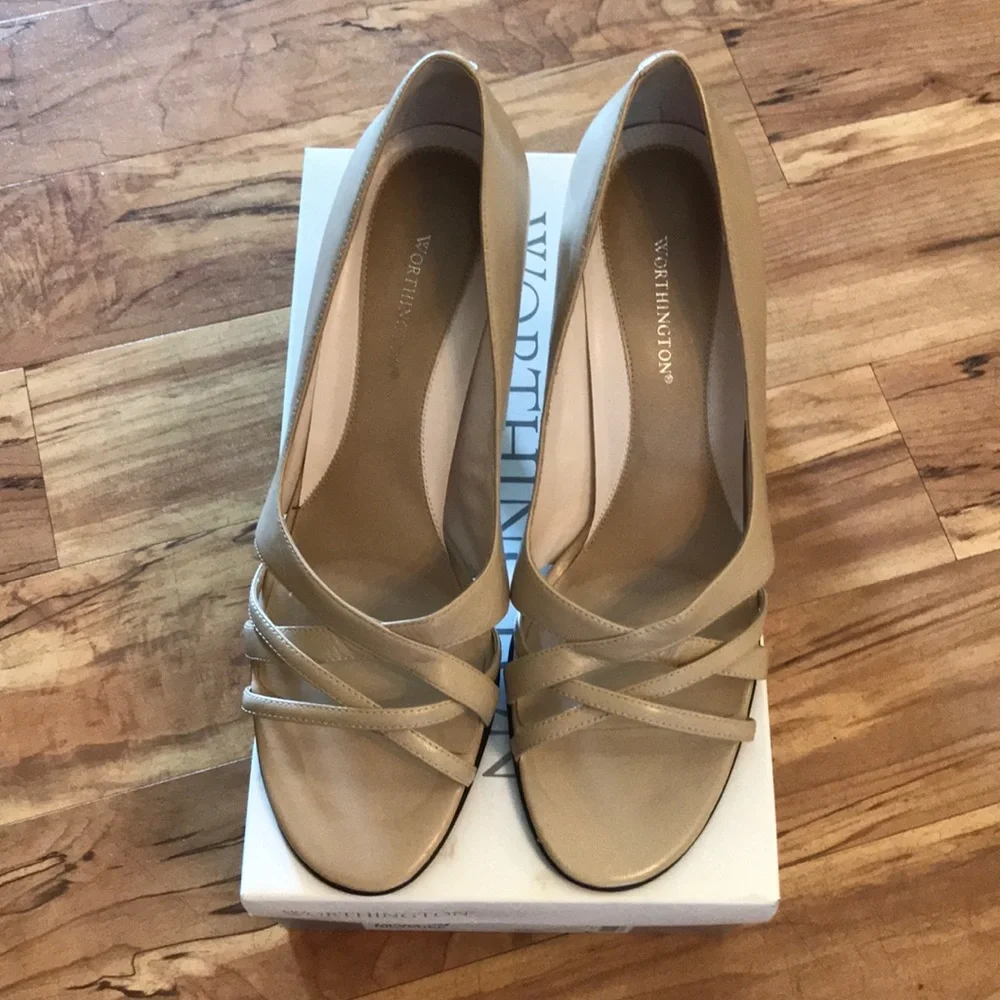 Taupe Leather Strappy nude open toe high heel shoes pumps peep toe cross cross